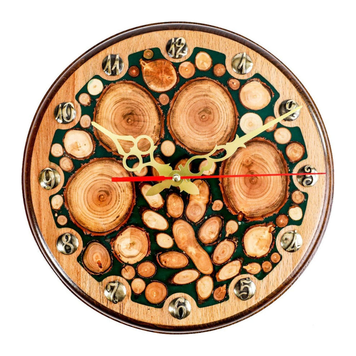 Handmade Wooden Wall Clock with Epoxy Trees, 30 cm (Model 41146green)