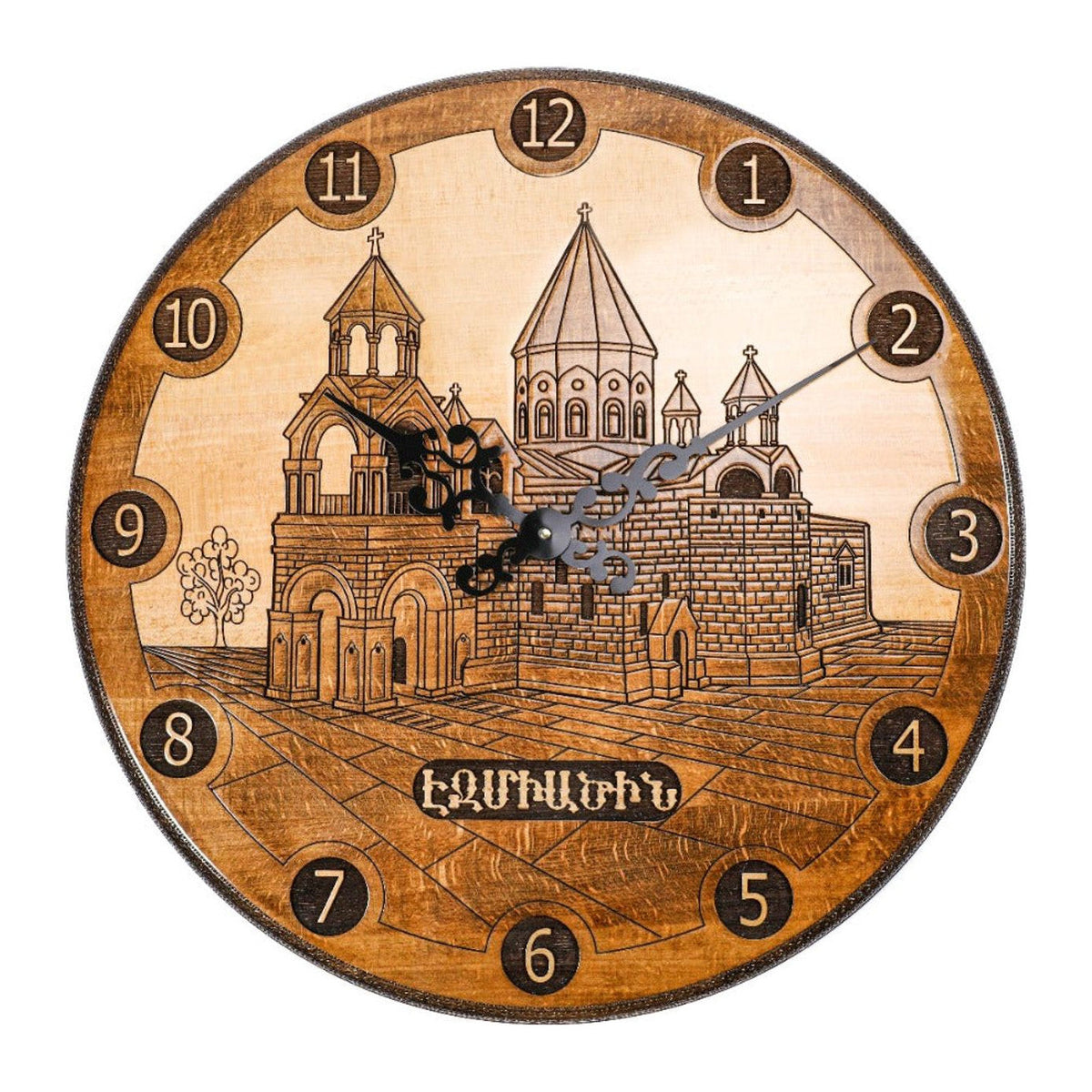 Handmade Wooden Wall Clock with Etchmiadzin Cathedral, 60 cm