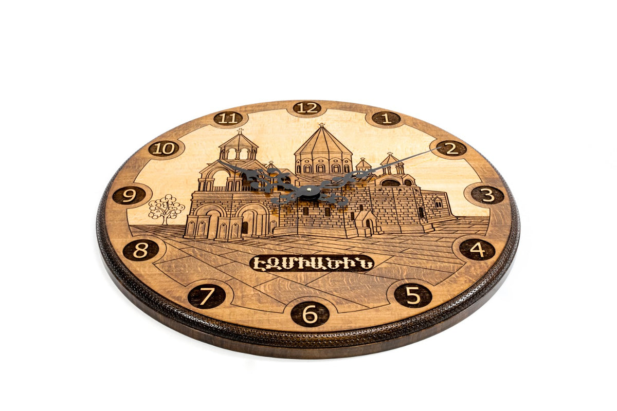 Handmade Wooden Wall Clock with Etchmiadzin Cathedral, 60 cm - photo 2