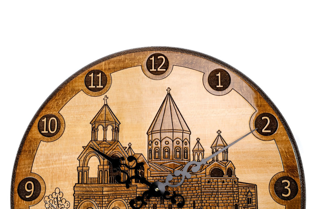Handmade Wooden Wall Clock with Etchmiadzin Cathedral, 60 cm - photo 3
