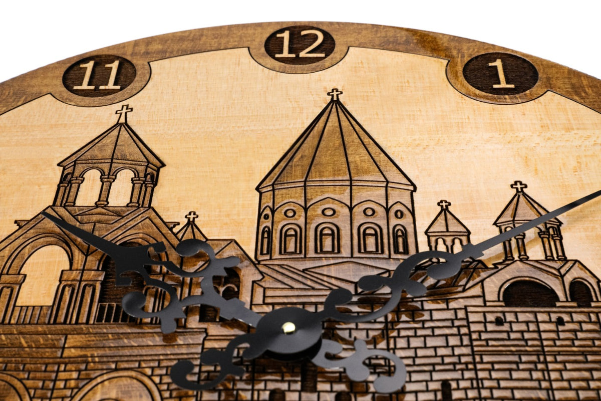 Handmade Wooden Wall Clock with Etchmiadzin Cathedral, 60 cm - photo 4