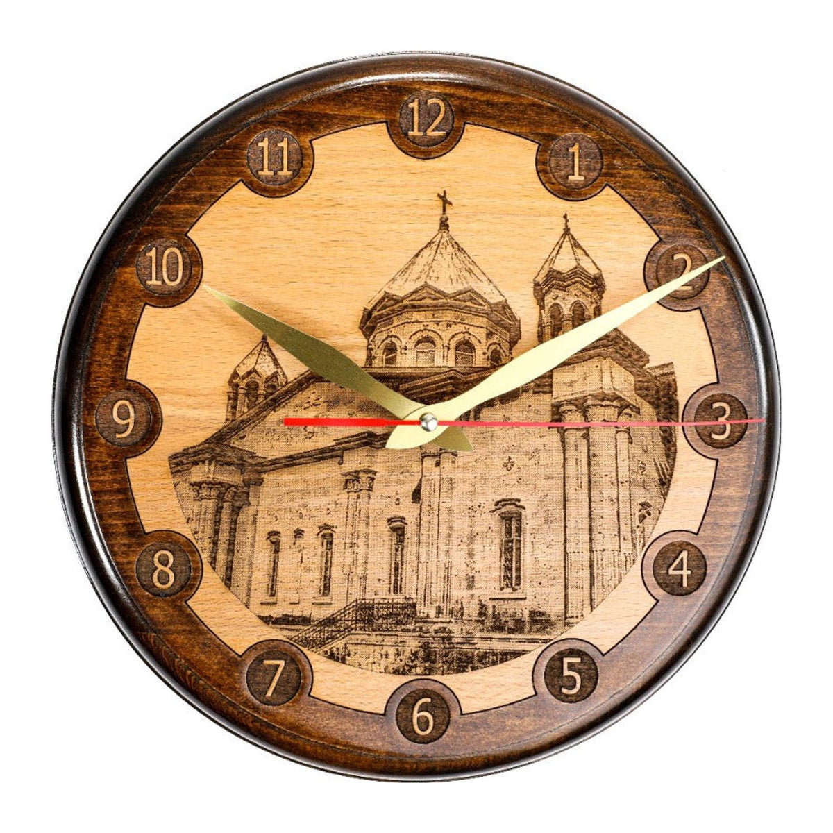 Handmade Wooden Wall Clock with Church of the Holy Mother of God, 30 cm