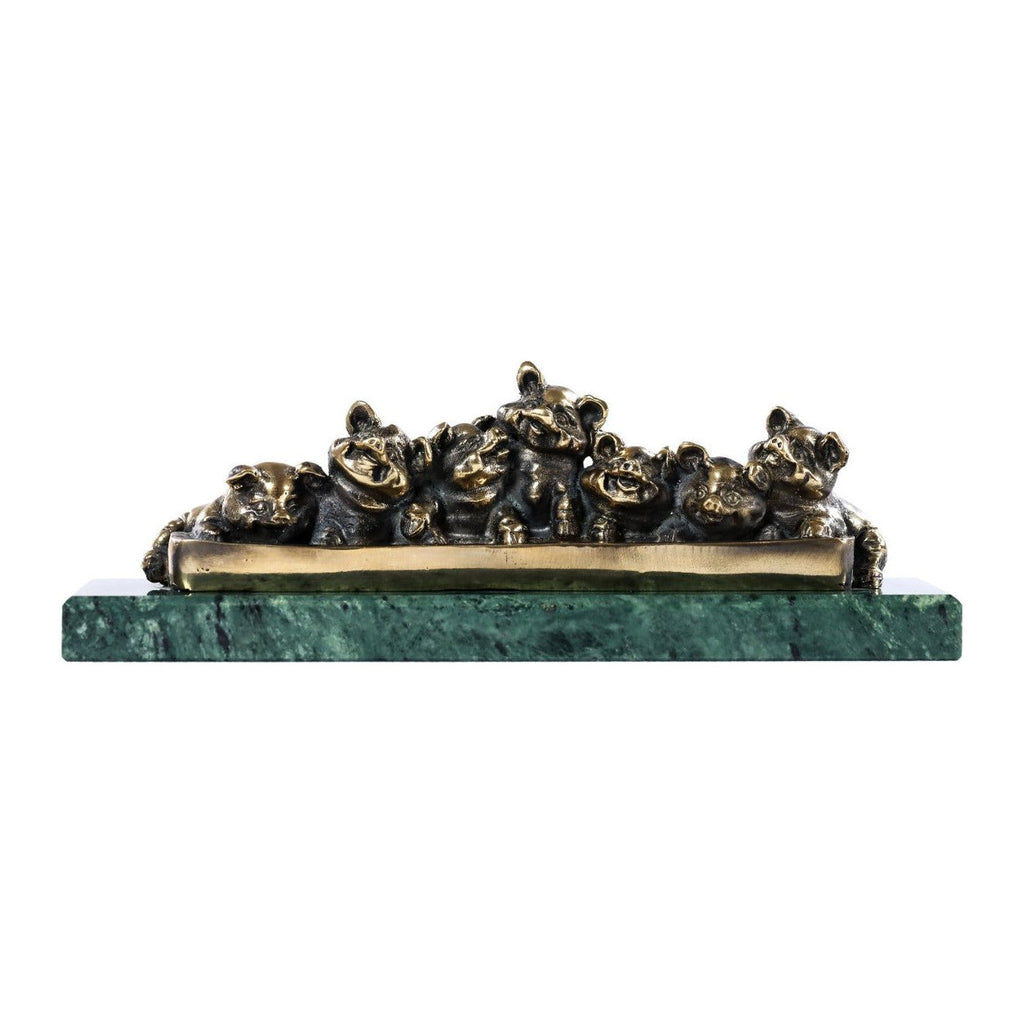 Handmade Bronze and Marble Piglets Sculpture