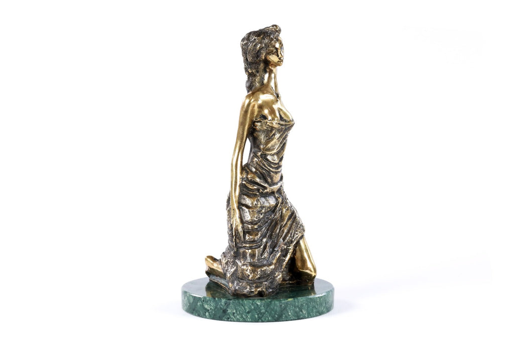 Handmade Bronze and Marble Girl on Her Knees Sculpture