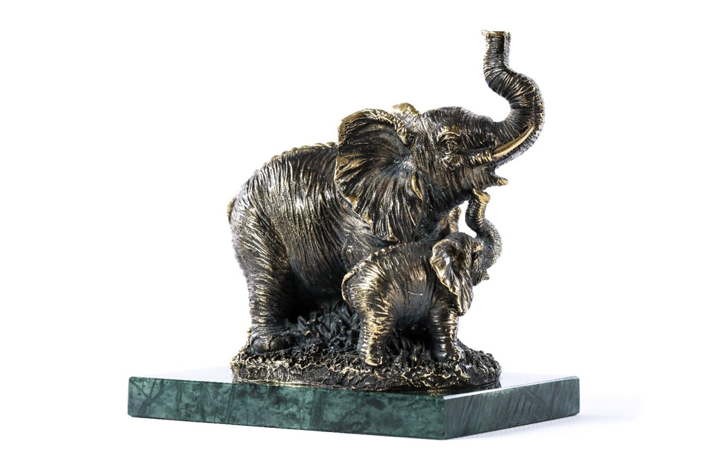 Handmade Bronze and Marble Elephant with Its Calfs Sculpture