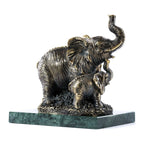 Handmade Bronze and Marble Elephant with Its Calfs Sculpture