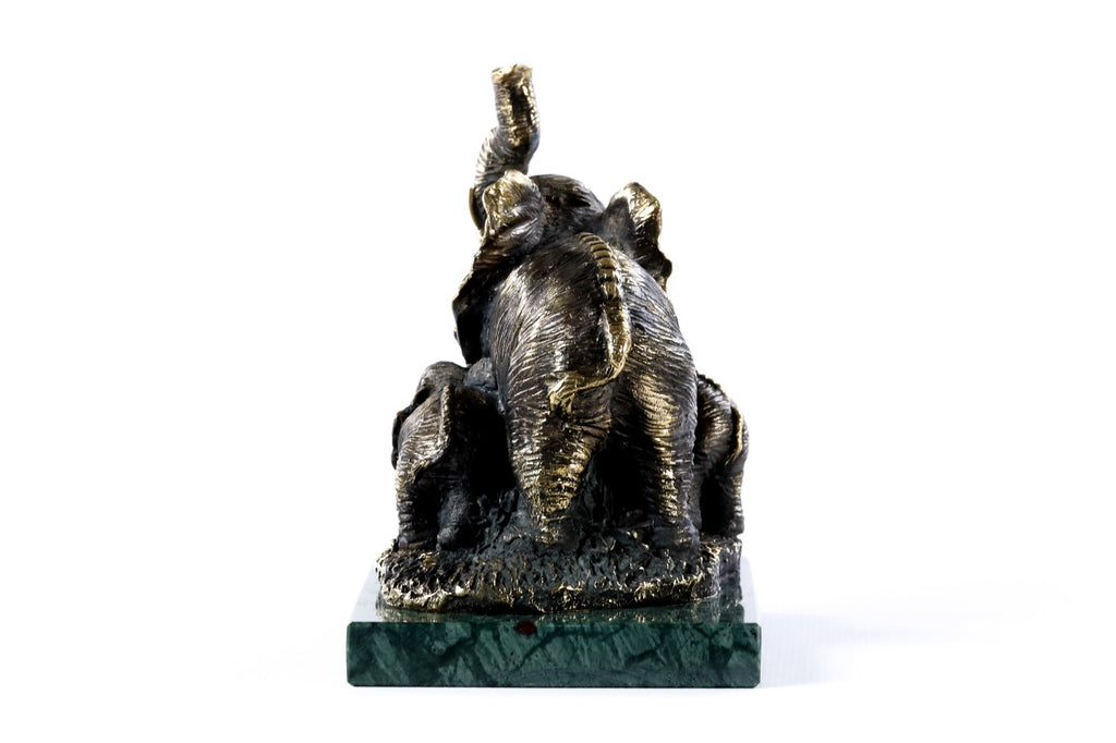 Handmade Bronze and Marble Elephant with Its Calfs Sculpture - photo 4