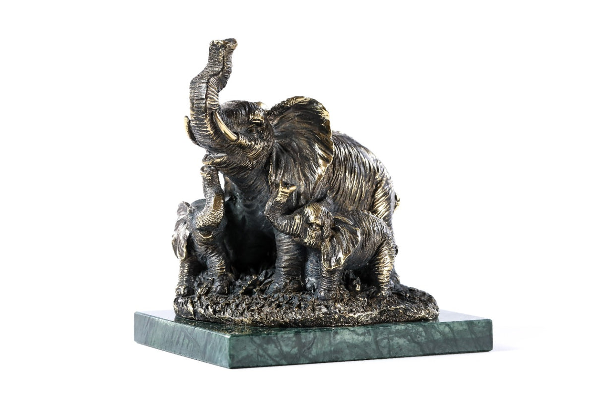 Handmade Bronze and Marble Elephant with Its Calfs Sculpture - photo 3