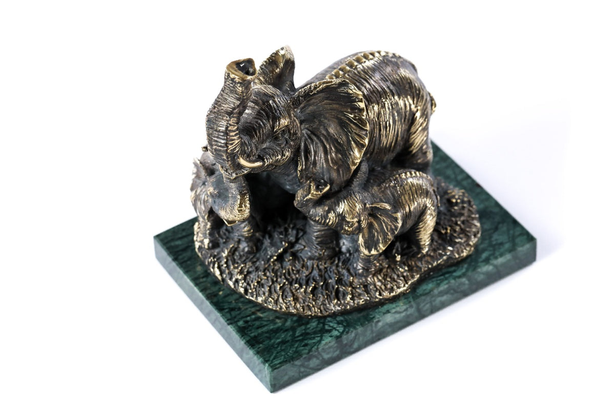 Handmade Bronze and Marble Elephant with Its Calfs Sculpture - photo 5