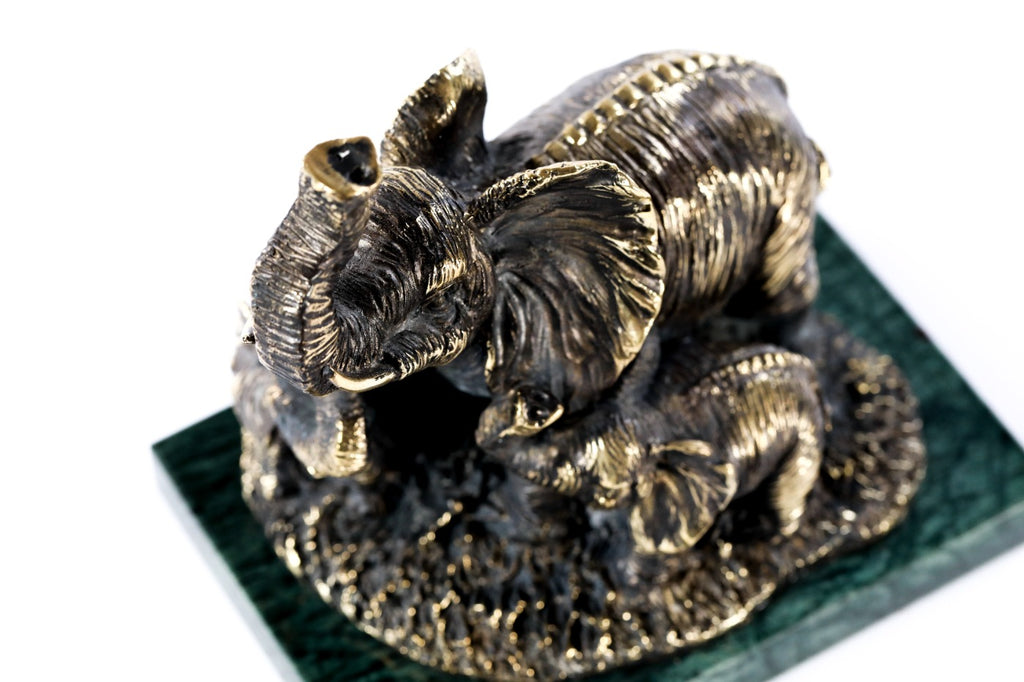 Handmade Bronze and Marble Elephant with Its Calfs Sculpture - photo 7