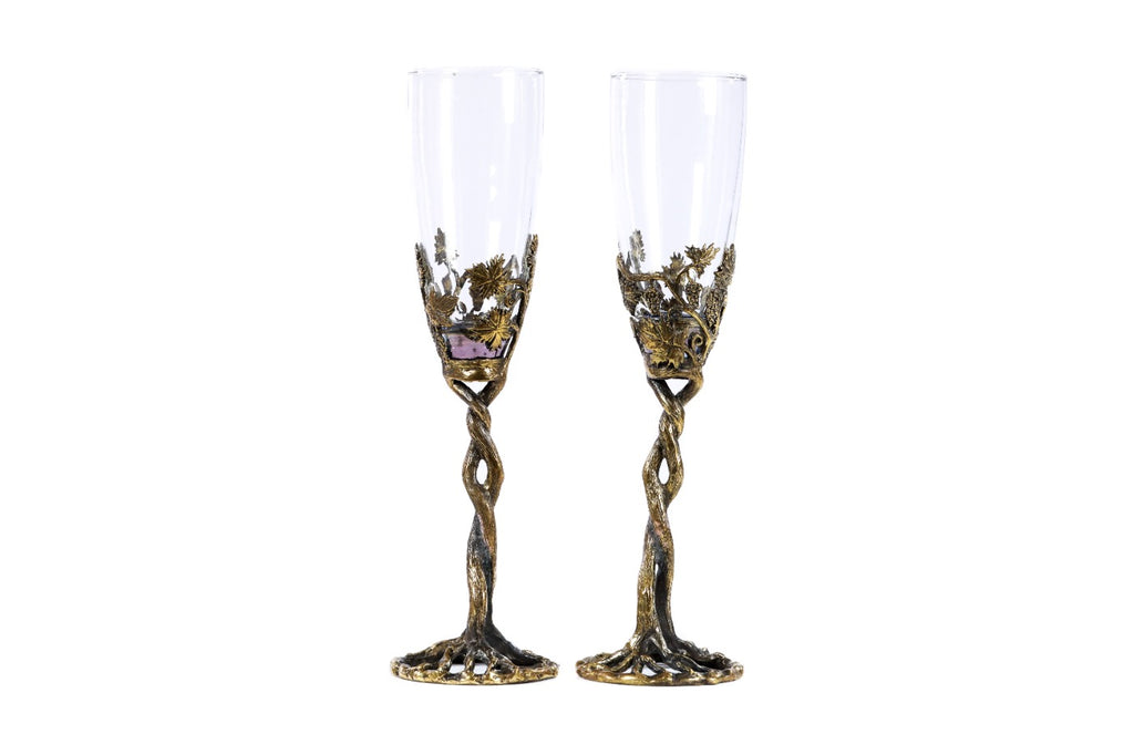 Handmade Bronze and Glass Cups, Set of Two with Wooden Box