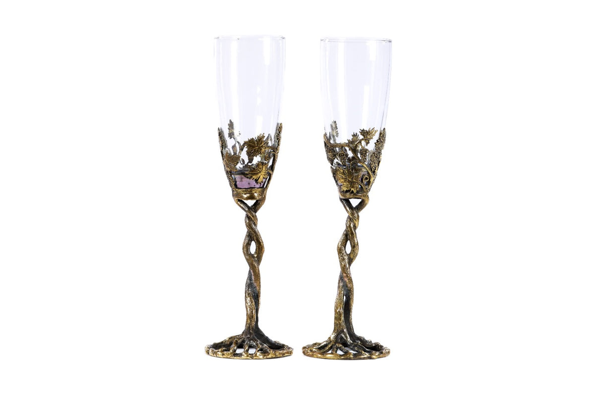 Handmade Bronze and Glass Cups, Set of Two with Wooden Box