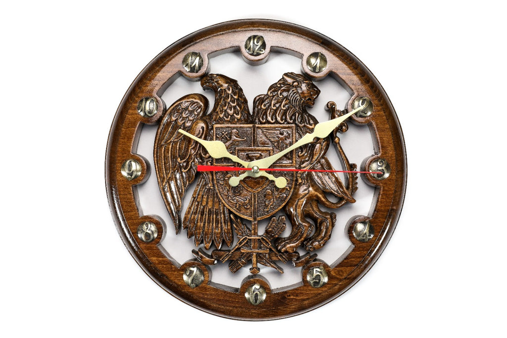 Handmade Wooden Wall Clock with Armenian Coat of Arms, 30 cm