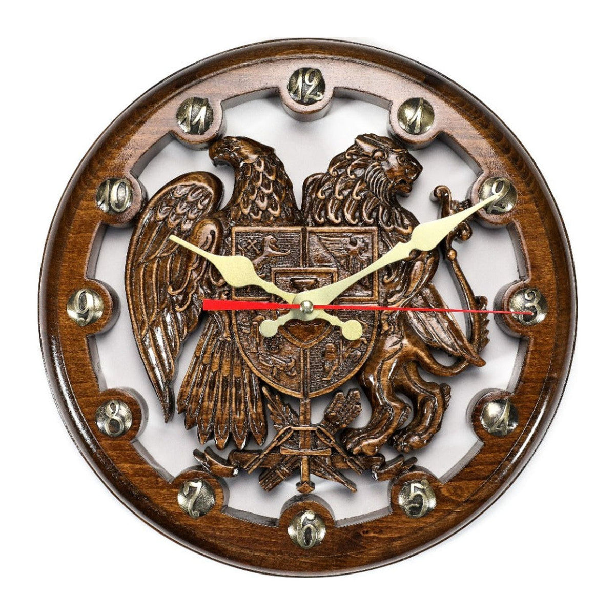 Handmade Wooden Wall Clock with Armenian Coat of Arms, 30 cm