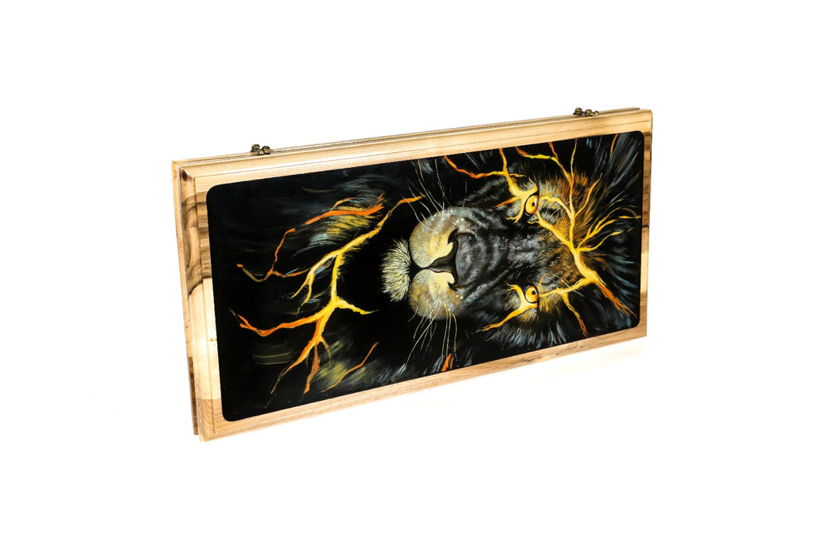 Handmade Walnut Two-Sided Backgammon Set with Lion and Epoxy Resin, 60 cm - photo 6