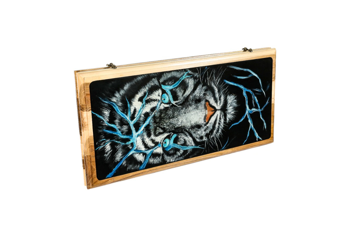 Handmade Walnut Two-Sided Backgammon Set with Lion and Epoxy Resin, 60 cm - photo 2