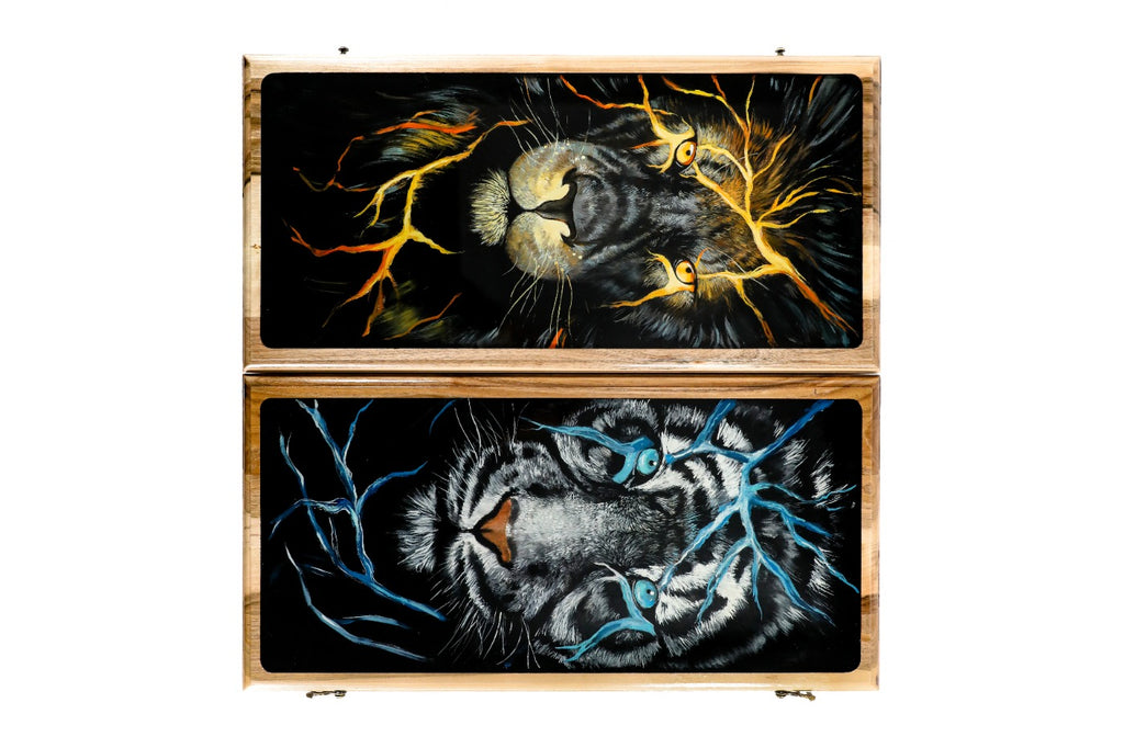 Handmade Walnut Two-Sided Backgammon Set with Lion and Epoxy Resin, 60 cm - photo 12