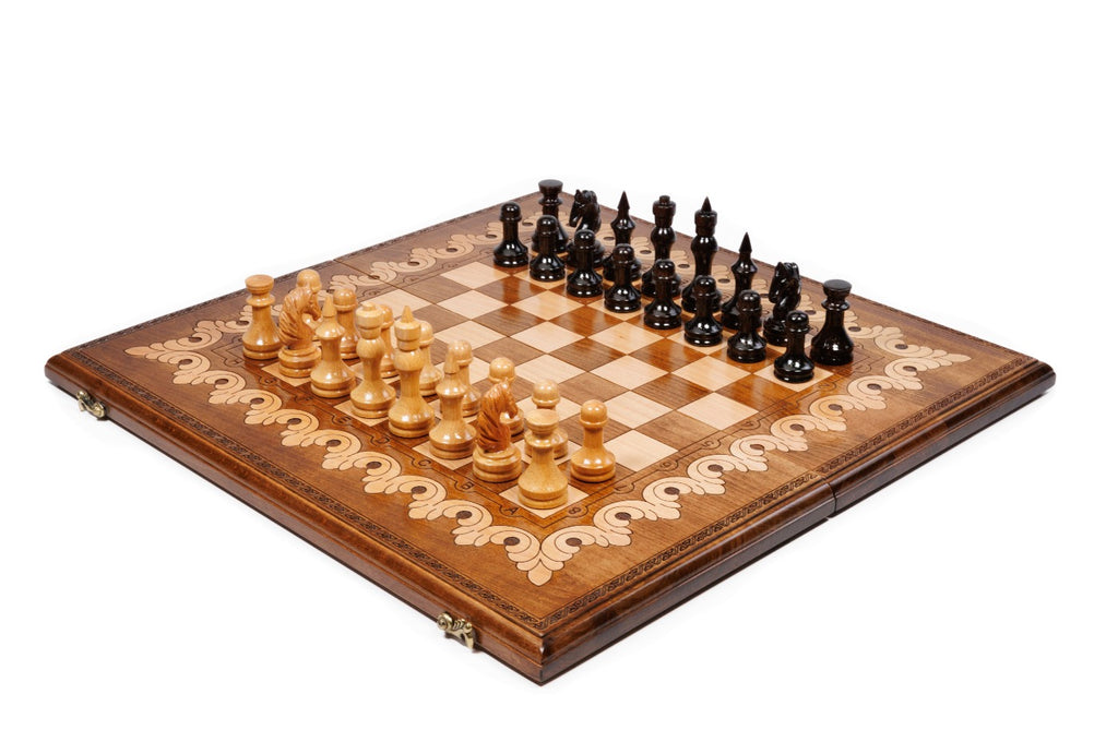 Handmade Walnut Chess and Backgammon Set with Armenian Ornament, 60 cm