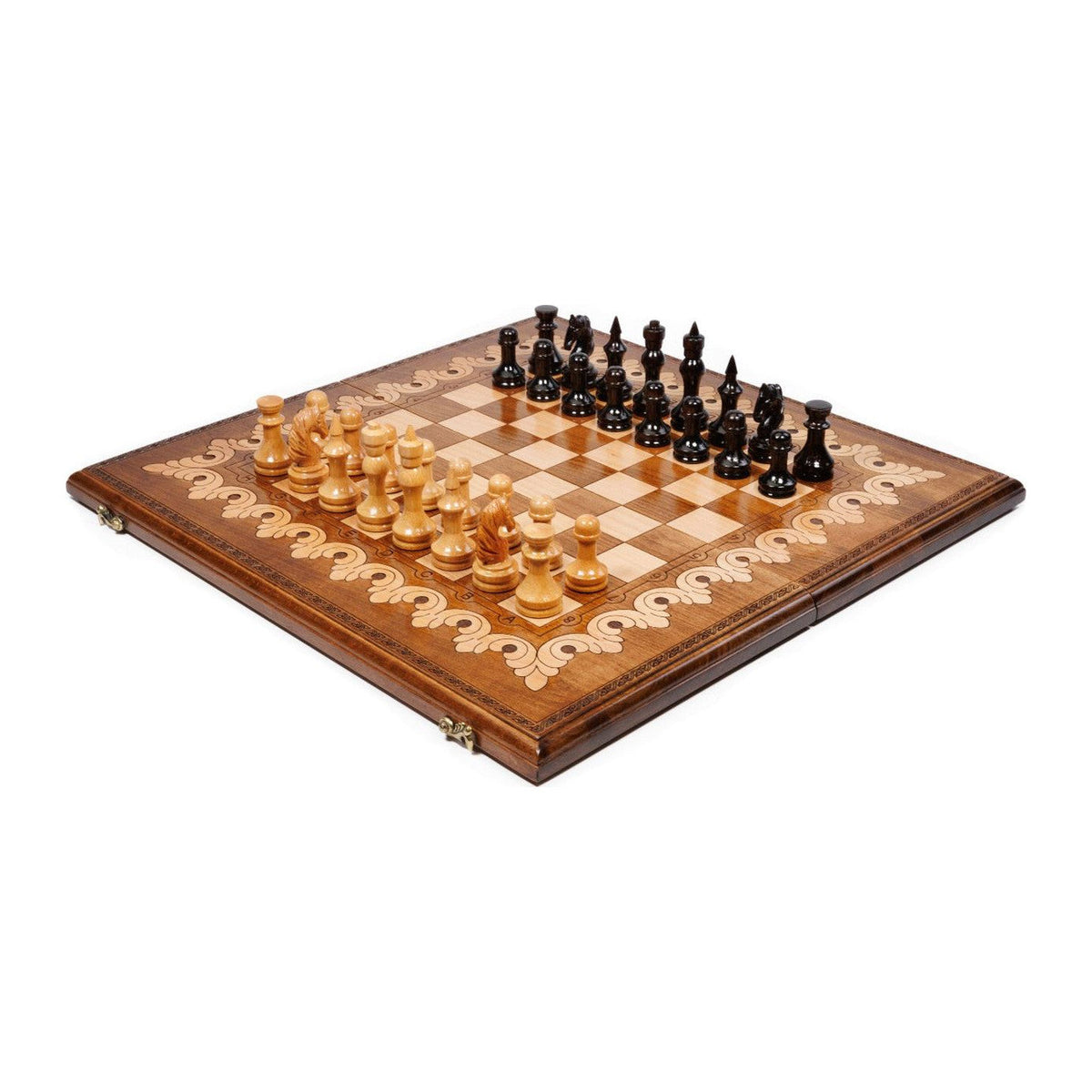 Handmade Walnut Chess and Backgammon Set with Armenian Ornament, 60 cm