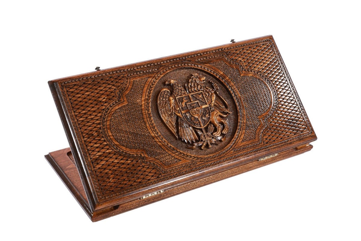 Handmade Wooden Backgammon Set with Armenian Coat of Arms, 50 cm