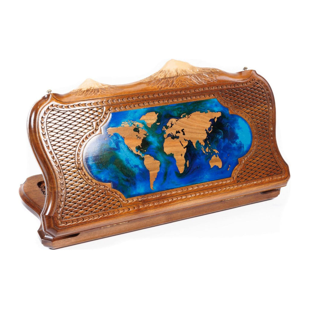 Handmade Walnut Backgammon Set with World Map and Ararat Outline, 40 cm