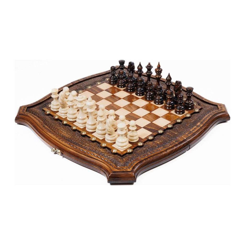 Handmade Wooden Chess Set with Contour Outline, 40 cm