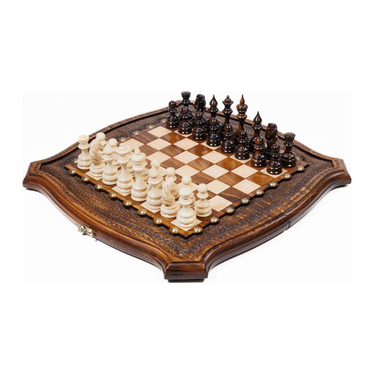 Handmade Wooden Chess Set with Contour Outline, 40 cm