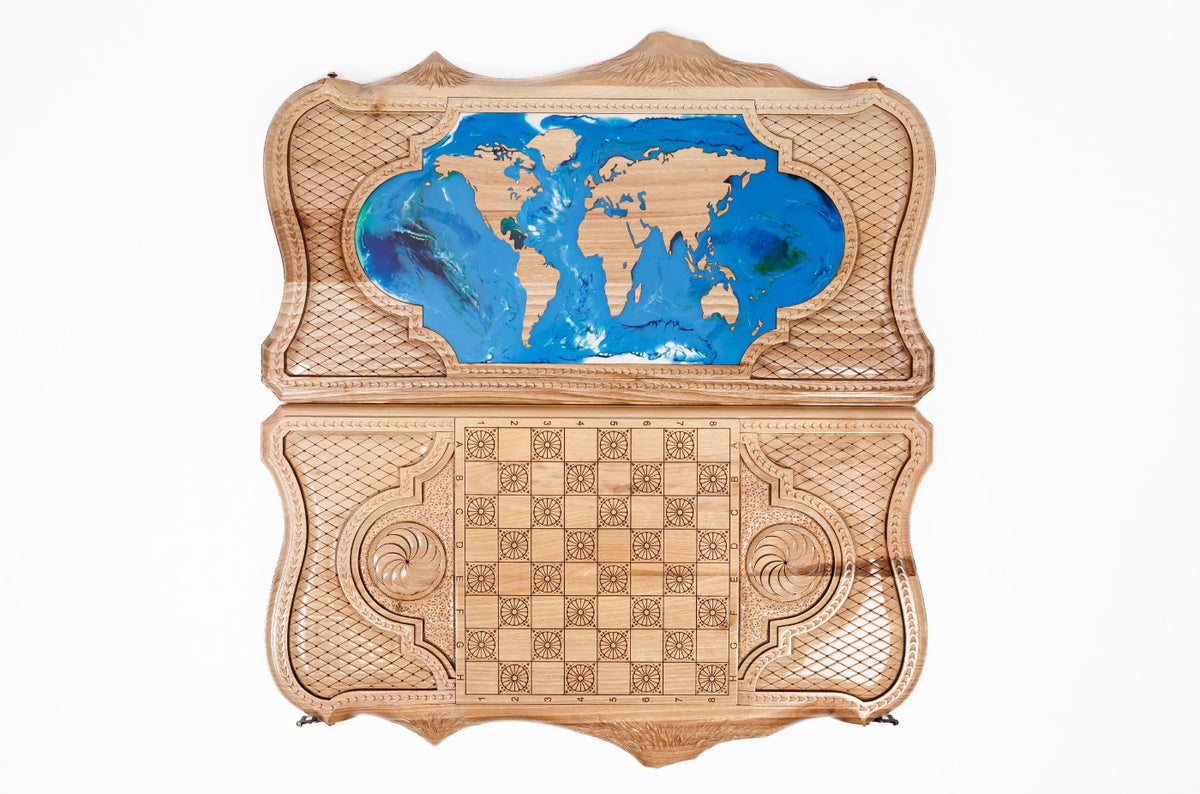Handmade Walnut Backgammon Set with World Map and Ararat Outline, 60 cm - photo 4