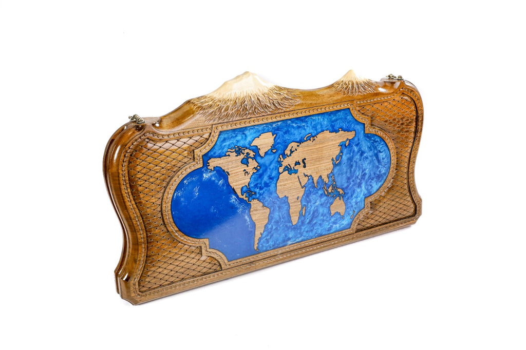 Handmade Walnut Backgammon Set with Armenian Coat of Arms, World Map and Ararat Outline, 60 cm - photo 2