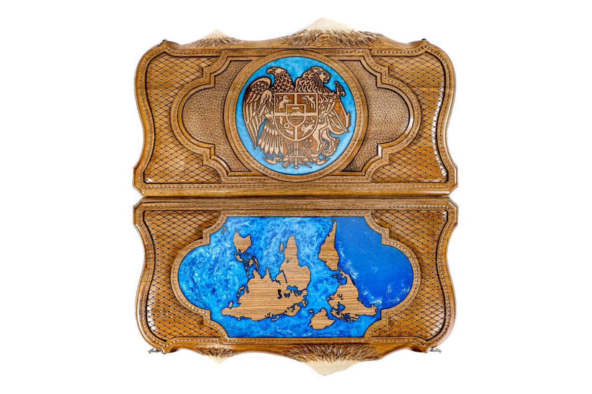 Handmade Walnut Backgammon Set with Armenian Coat of Arms, World Map and Ararat Outline, 60 cm - photo 6