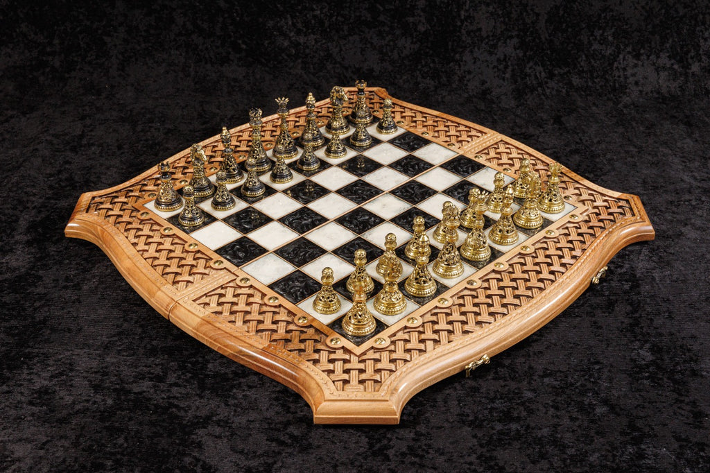 Handmade Walnut Chess and Backgammon Set with Contour Outline, 60 cm (Model 32234_63614)