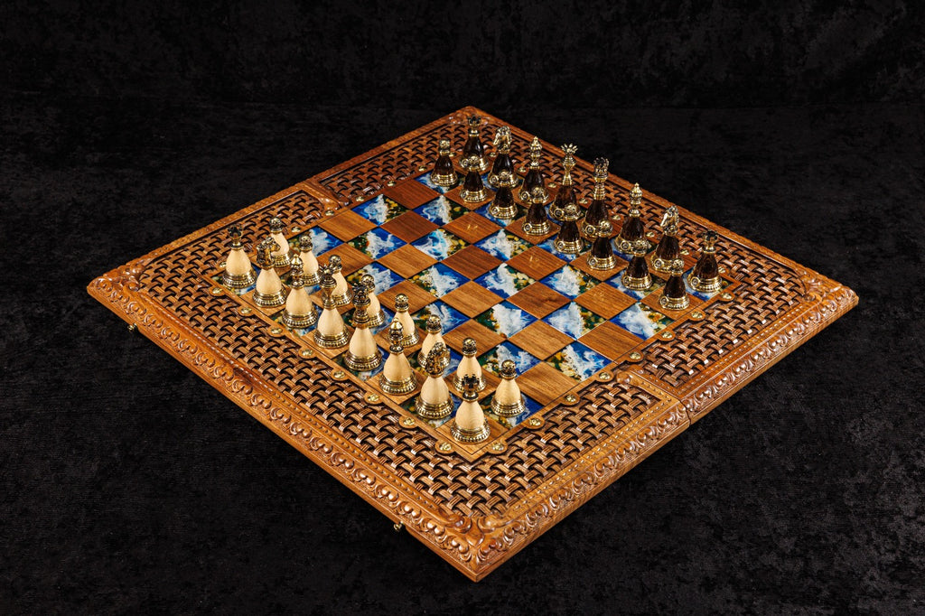 Handmade Walnut Chess and Backgammon Set with Amber Stones, 60 cm