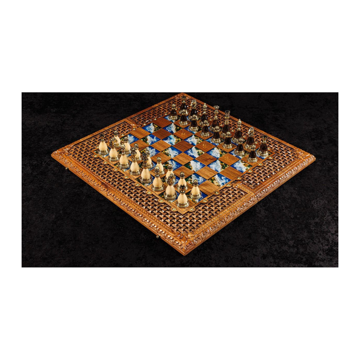 Handmade Walnut Chess and Backgammon Set with Amber Stones, 60 cm