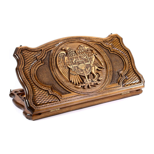 Backgammon Set with Armenian Coat of Arms, 60 cm – handmade wooden nardi board by Hrachya Ohanyan