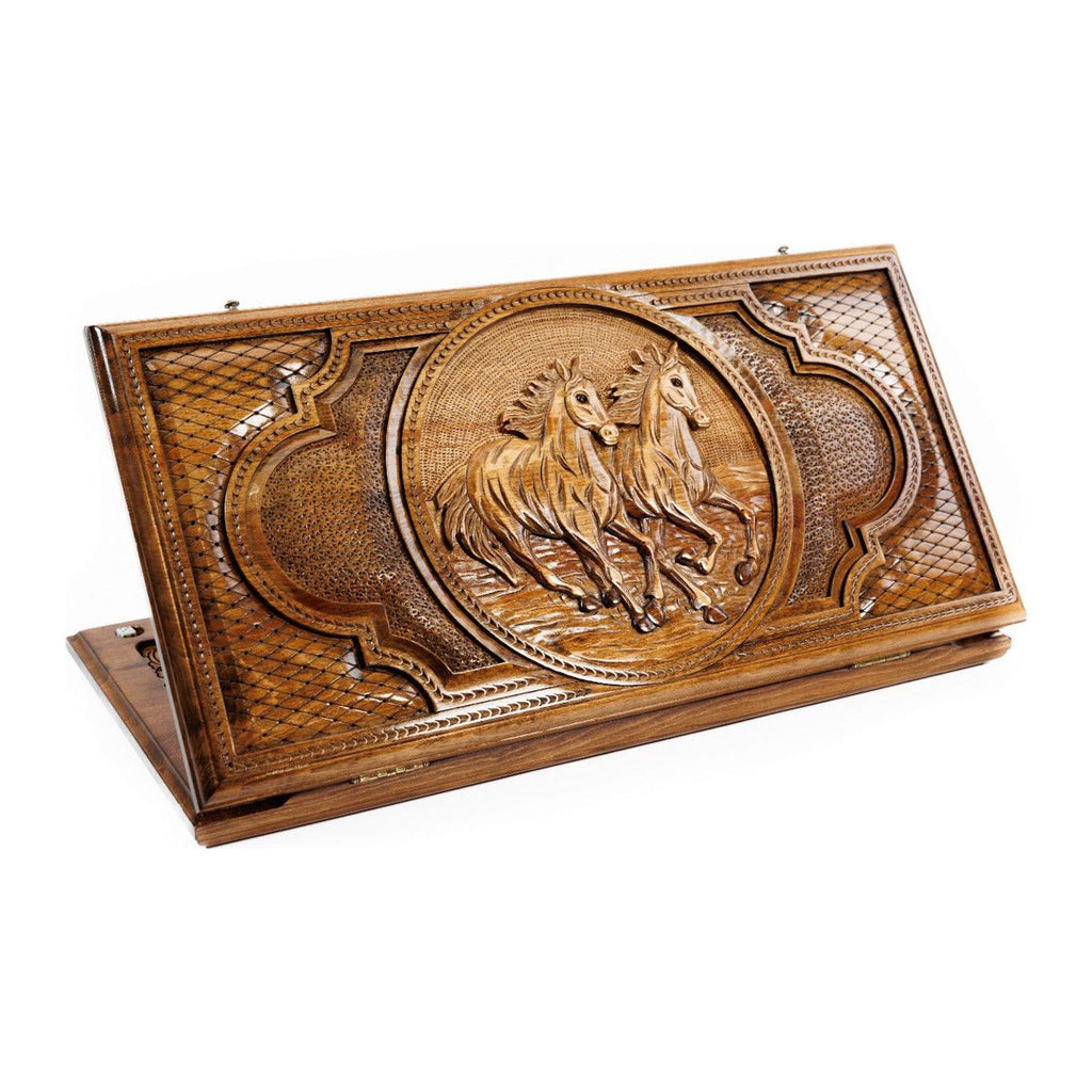 Handmade Wooden Backgammon Set with Horses, 60 cm (Model 11662)