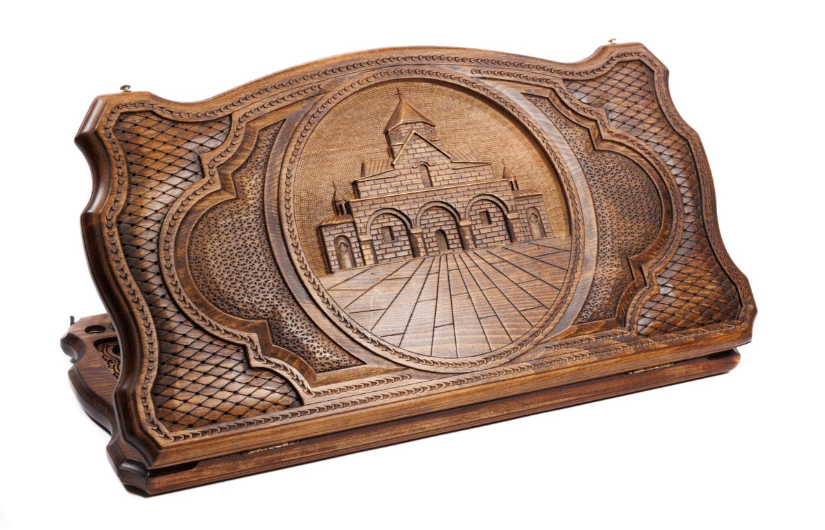 Handmade Wooden Backgammon Set with Church of St. Gayane, 60 cm (Model 11321)
