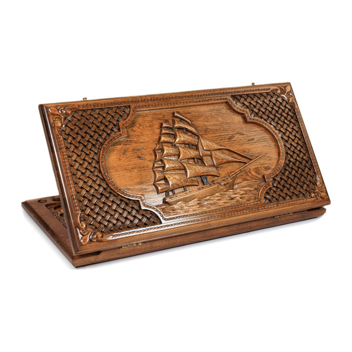 Handmade Wooden Backgammon Set with Sail and Braid Motifs, 60 cm