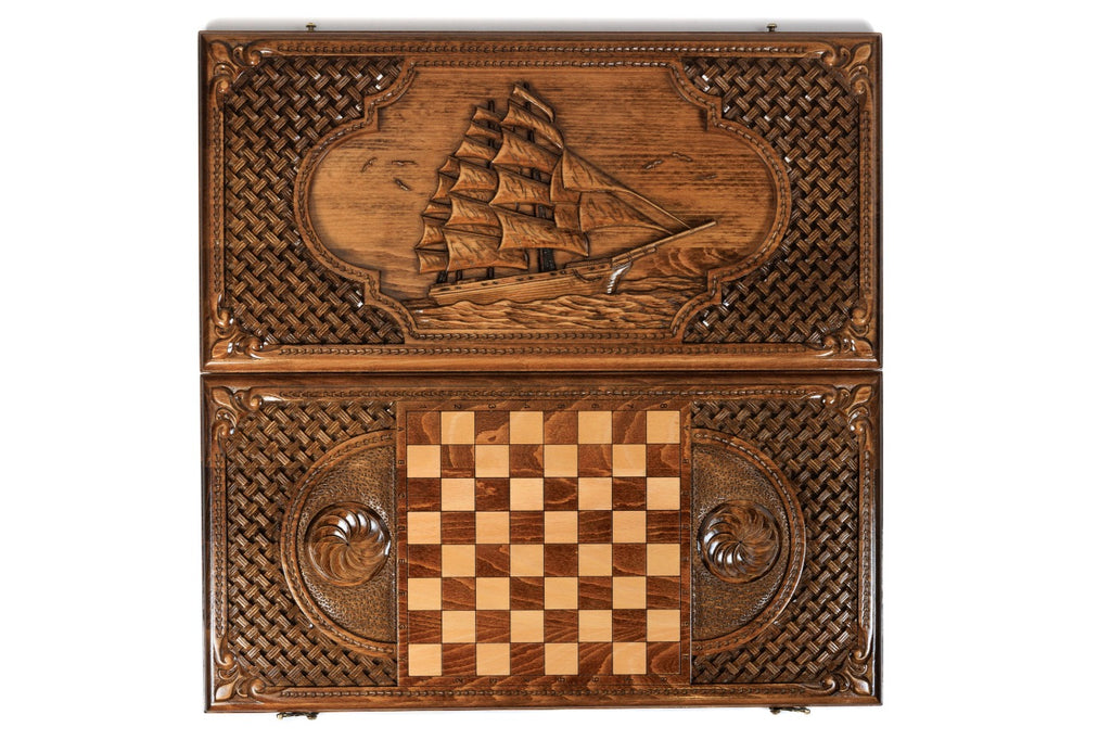 Handmade Wooden Backgammon Set with Sail and Braid Motifs, 60 cm - photo 10