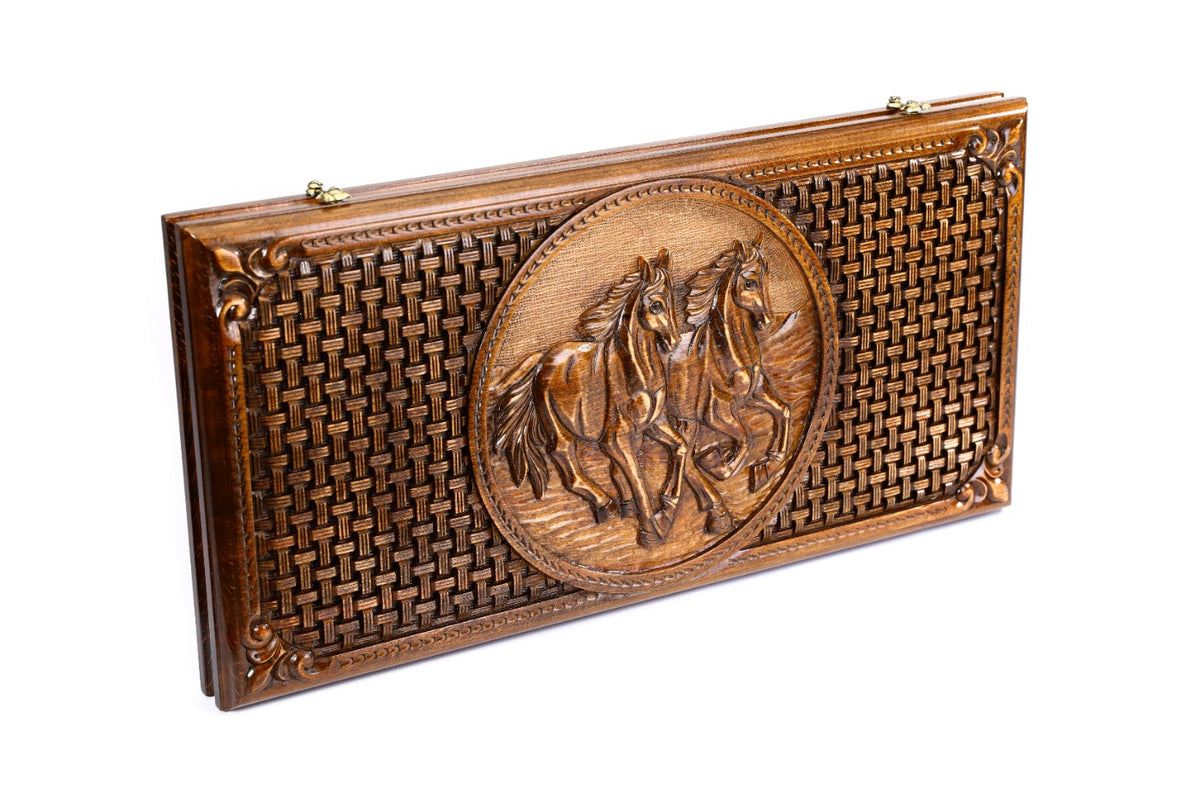 Handmade Wooden Backgammon Set with Horses and Braid Motifs, 60 cm - photo 6