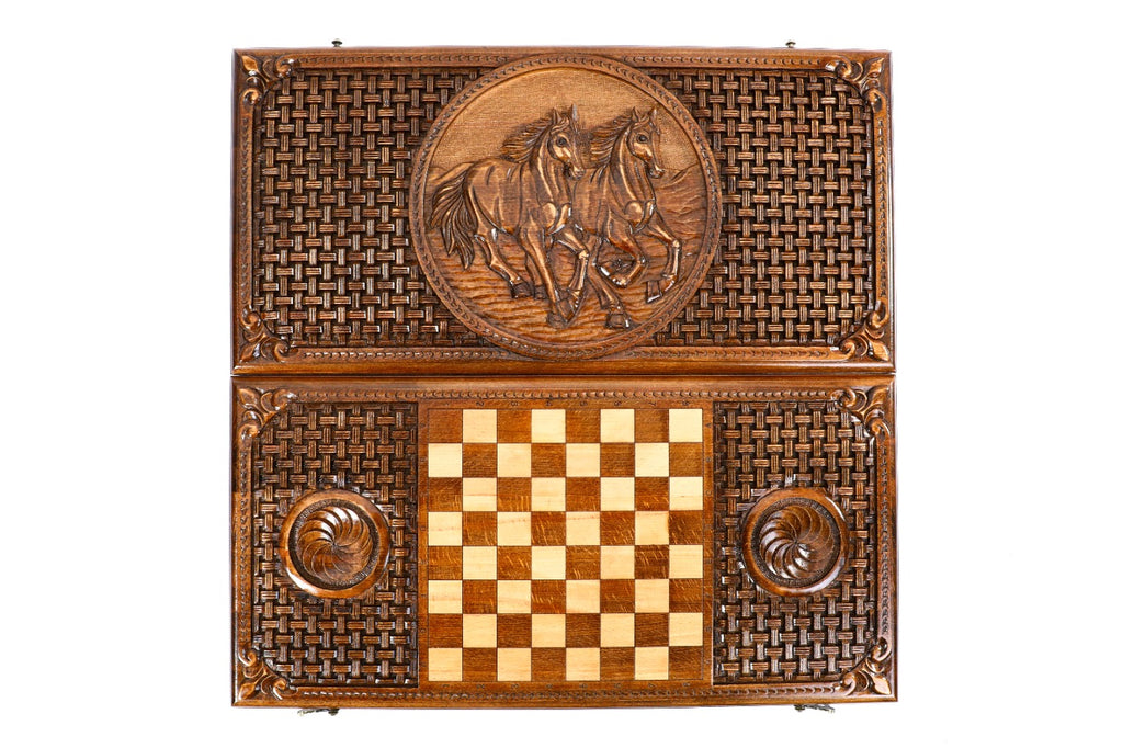 Handmade Wooden Backgammon Set with Horses and Braid Motifs, 60 cm - photo 9