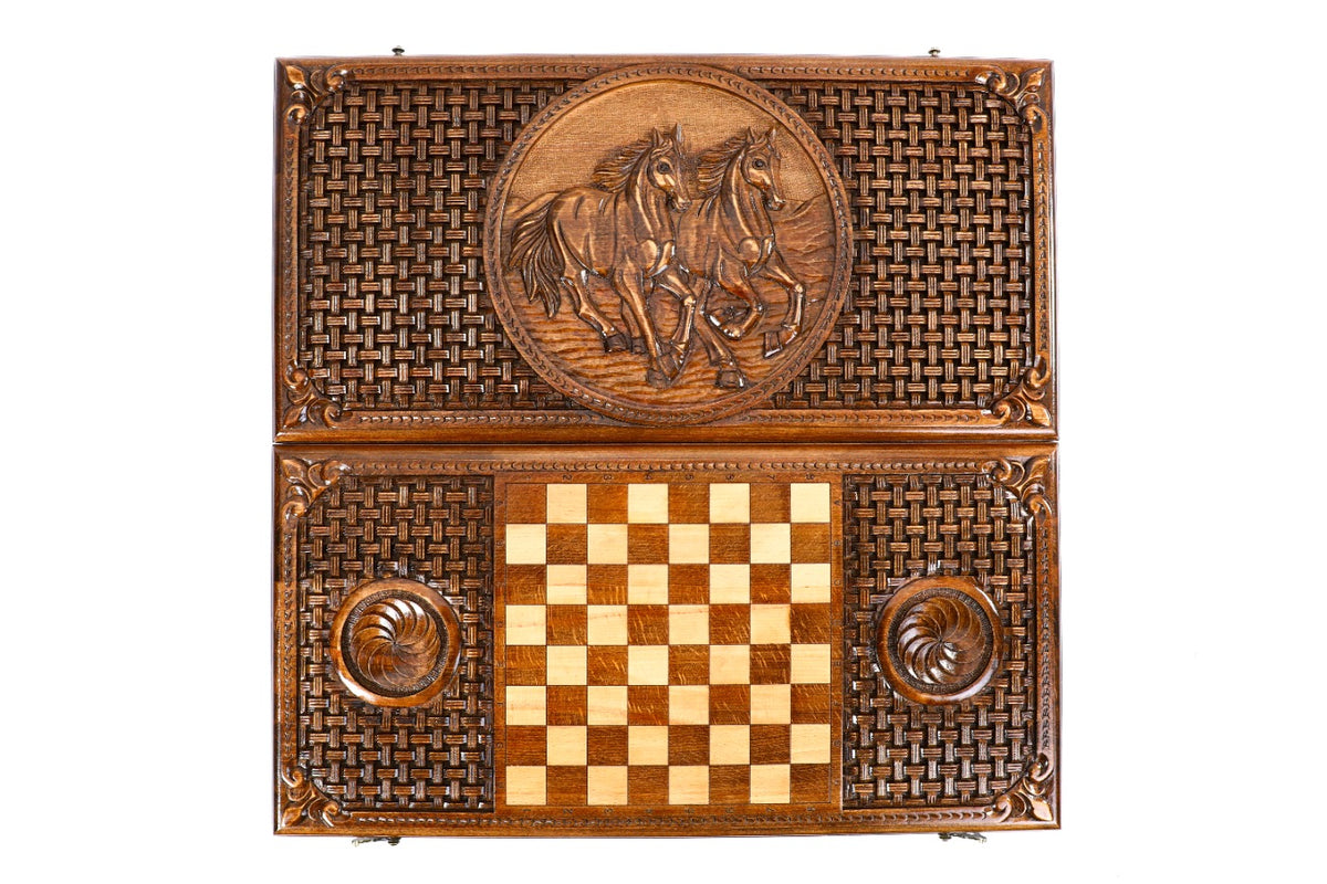 Handmade Wooden Backgammon Set with Horses and Braid Motifs, 60 cm - photo 9