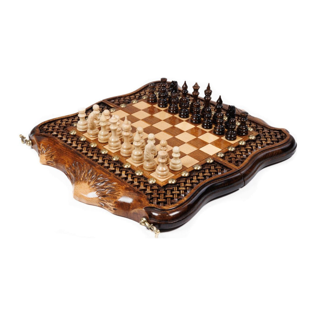 Handmade Walnut Chess and Backgammon Set with Ornamental Braid Pattern and Ararat Outline, 30 cm