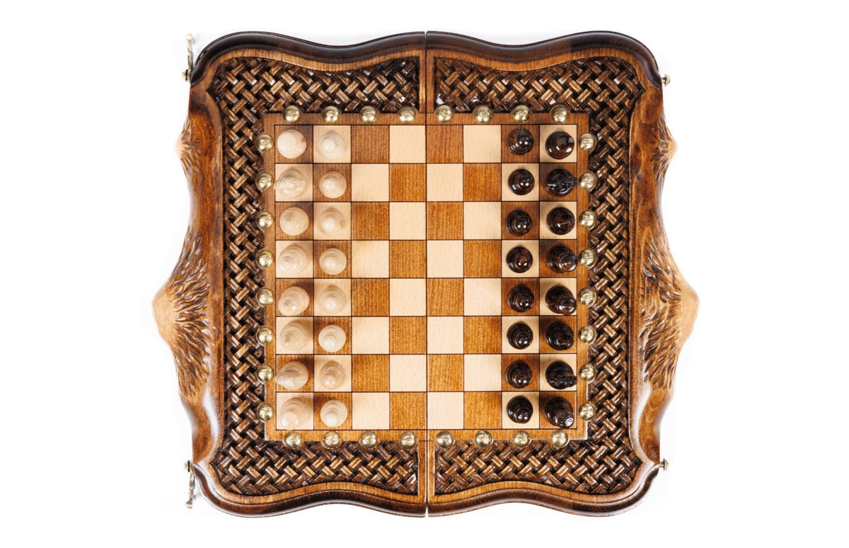 Handmade Walnut Chess and Backgammon Set with Ornamental Braid Pattern and Ararat Outline, 30 cm - photo 9