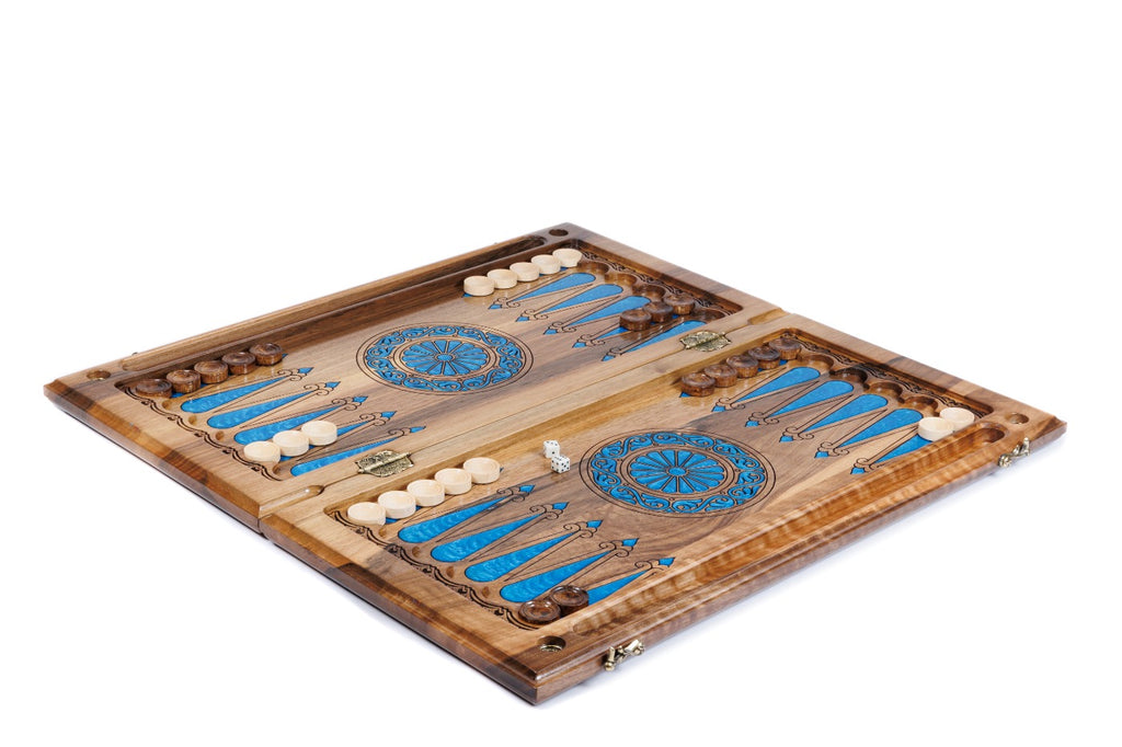 Handmade Walnut Two-Sided Backgammon Set with Epoxy Trees, 60 cm - photo 3
