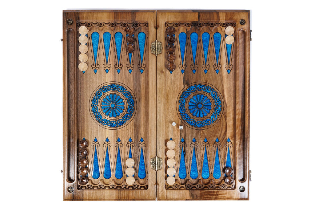 Handmade Walnut Two-Sided Backgammon Set with Epoxy Trees, 60 cm - photo 5