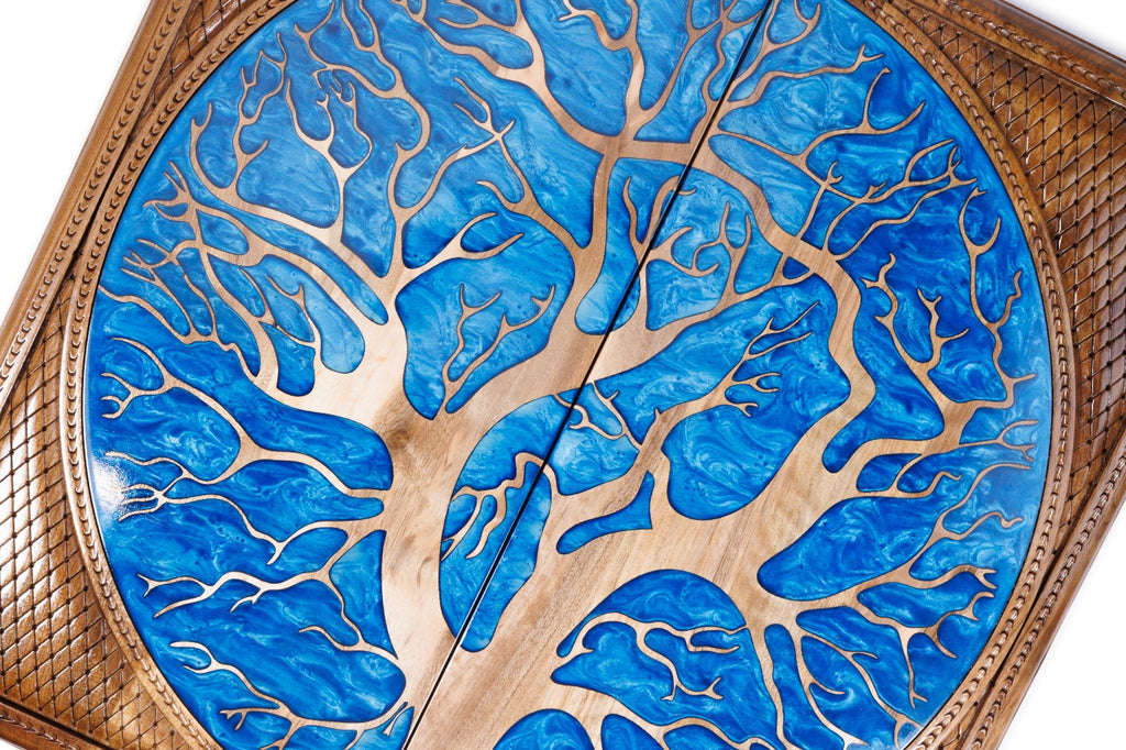 Handmade Walnut Two-Sided Backgammon Set with Epoxy Trees, 60 cm - photo 2