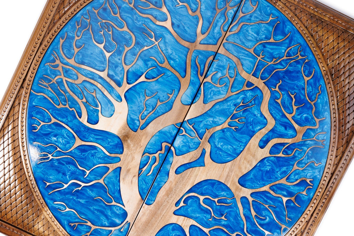 Handmade Walnut Two-Sided Backgammon Set with Epoxy Trees, 60 cm - photo 2