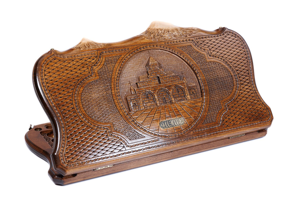 Handmade Wooden Backgammon Set with Church of St. Gayane and Ararat Outline, 60 cm (Model 11107)