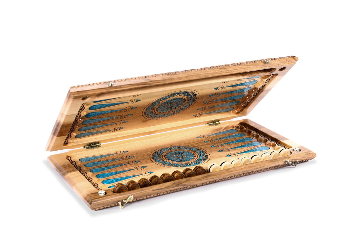 Handmade Walnut Backgammon Set with Armenian Coat of Arms, Braid Motifs and Epoxy Resin, 60 cm - photo 7