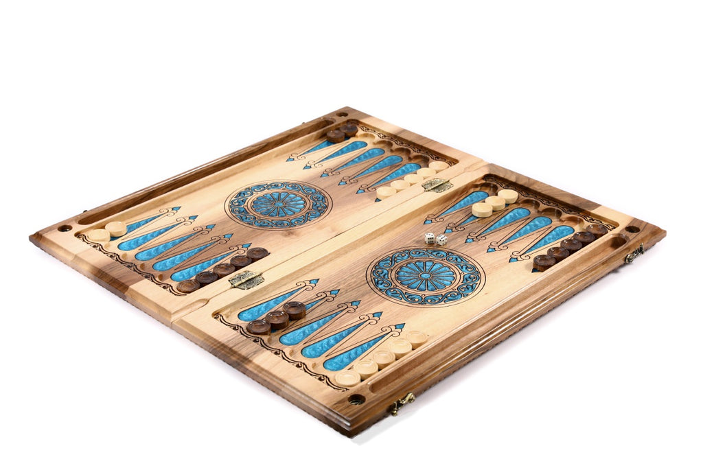 Handmade Walnut Backgammon Set with Armenian Coat of Arms, Braid Motifs and Epoxy Resin, 60 cm - photo 3